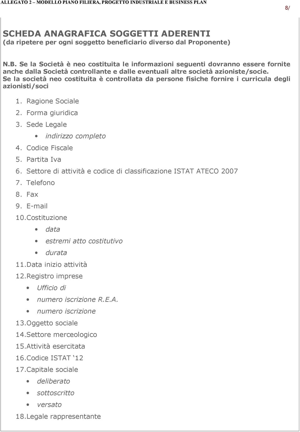 Se la società neo costituita è controllata da persone fisiche fornire i curricula degli azionisti/soci 1. Ragione Sociale 2. Forma giuridica 3. Sede Legale indirizzo completo 4. Codice Fiscale 5.