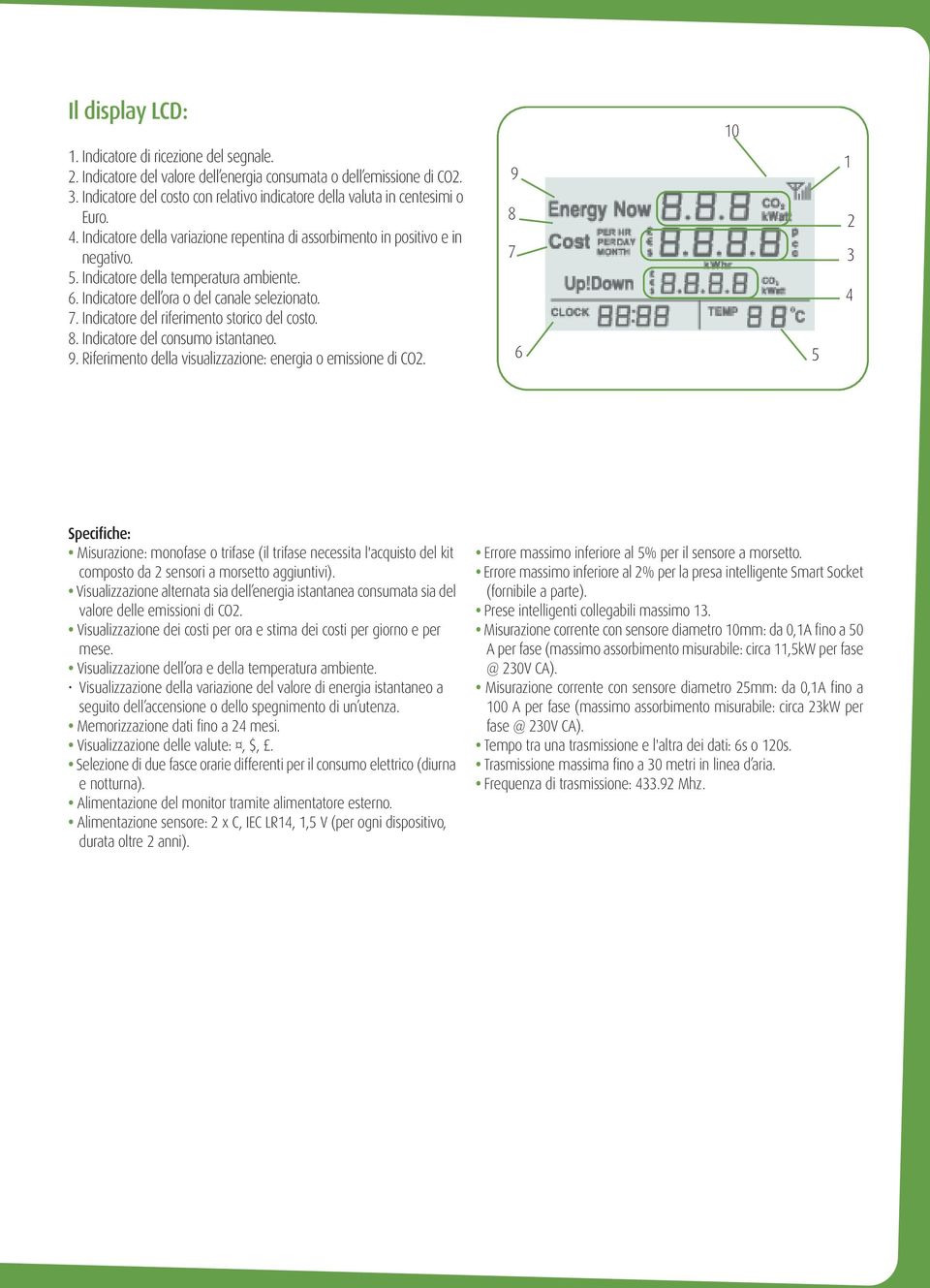 Indicatore della temperatura ambiente. 6. Indicatore dell ora o del canale selezionato. 7. Indicatore del riferimento storico del costo. 8. Indicatore del consumo istantaneo. 9.