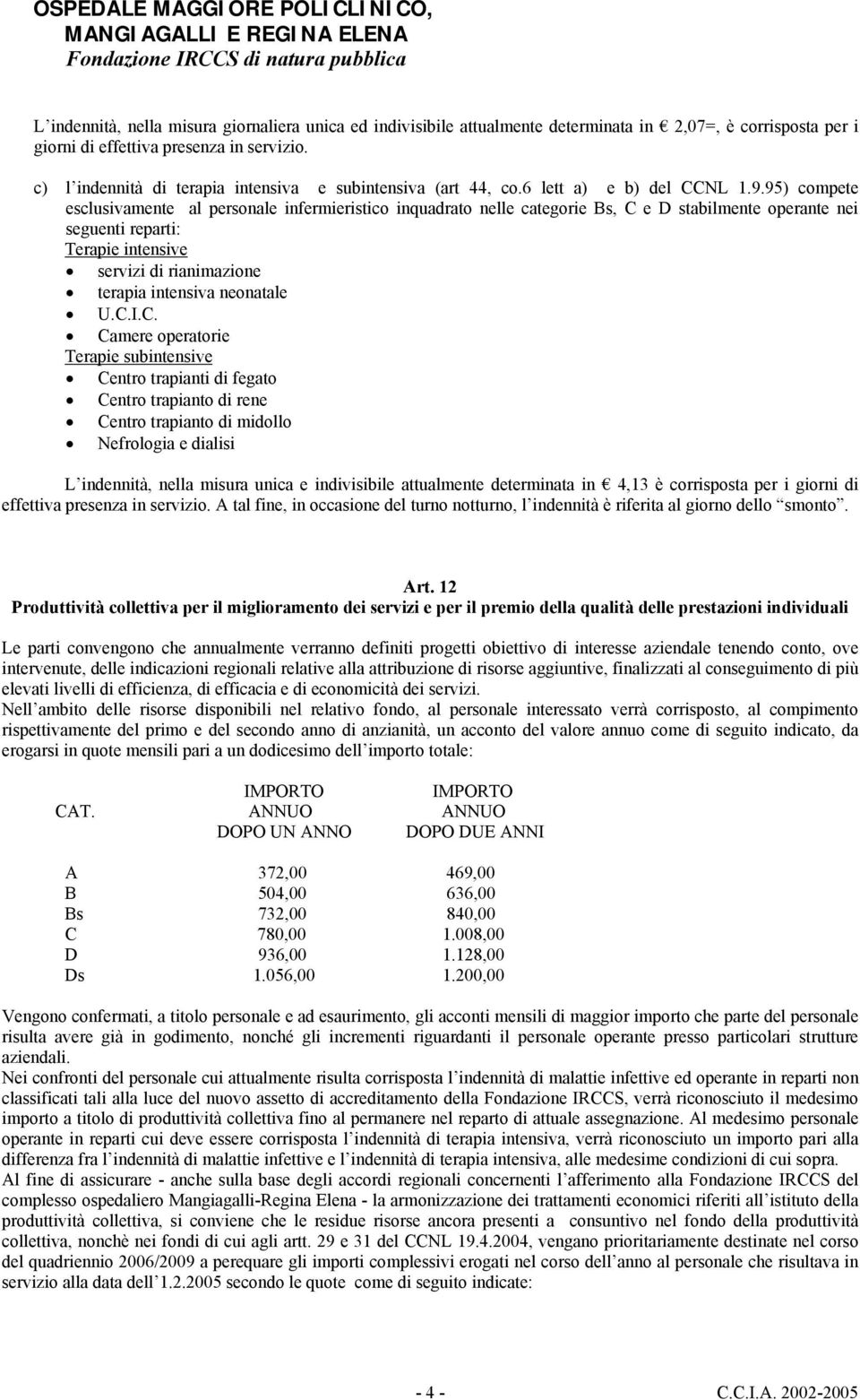 95) compete esclusivamente al personale infermieristico inquadrato nelle categorie Bs, C e D stabilmente operante nei seguenti reparti: Terapie intensive servizi di rianimazione terapia intensiva