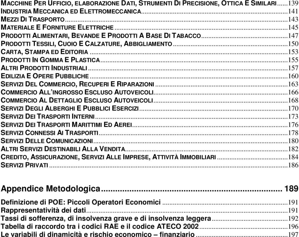 ..155 ALTRI PRODOTTI INDUSTRIALI...157 EDILIZIA E OPERE PUBBLICHE...160 SERVIZI DEL COMMERCIO, RECUPERI E RIPARAZIONI...163 COMMERCIO ALL INGROSSO ESCLUSO AUTOVEICOLI.