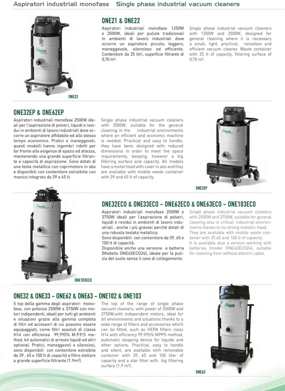 Single phase industrial vacuum cleaners with 1250W and 2500W, designed for general cleaning where it is necessary a small, light, practical, noiseless and efficient vacuum cleaner.