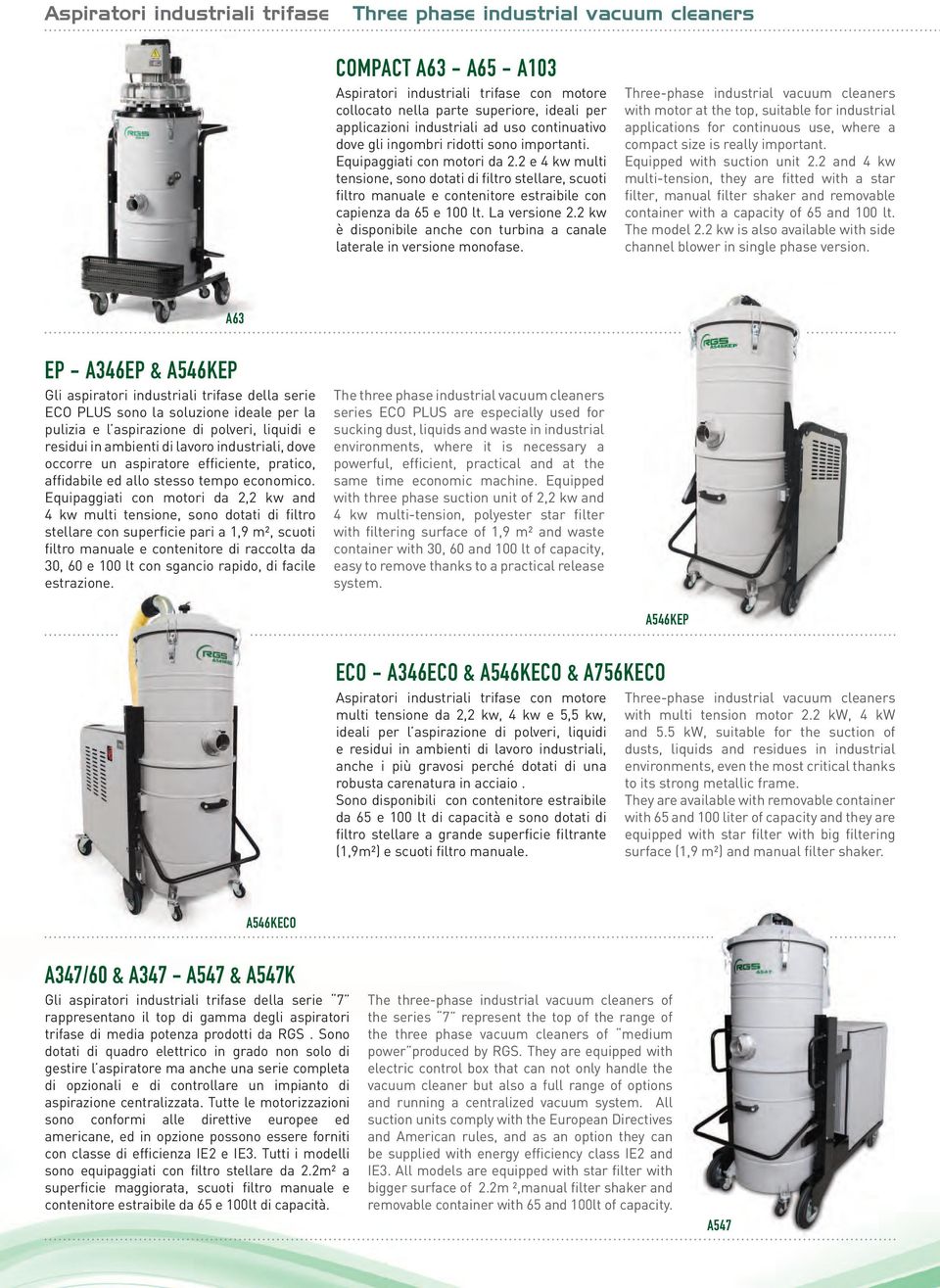 2 e 4 kw multi tensione, sono dotati di filtro stellare, scuoti filtro manuale e contenitore estraibile con capienza da 65 e 100 lt. La versione 2.