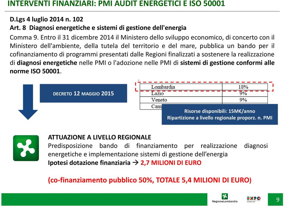 programmi presentati dalle Regioni finalizzati a sostenere la realizzazione di diagnosi energetiche nelle PMI o l'adozione nelle PMI di sistemidigestioneconformialle norme ISO 50001.