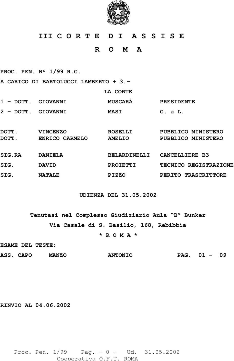 RA DANIELA BELARDINELLI CANCELLIERE B3 SIG. DAVID PROIETTI TECNICO REGISTRAZIONE SIG. NATALE PIZZO PERITO TRASCRITTORE UDIENZA DEL 31.05.