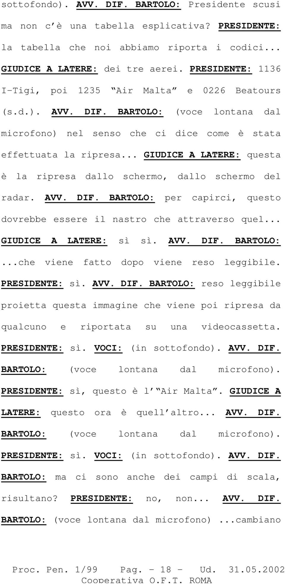 .. GIUDICE A LATERE: questa è la ripresa dallo schermo, dallo schermo del radar. AVV. DIF. BARTOLO: per capirci, questo dovrebbe essere il nastro che attraverso quel... GIUDICE A LATERE: sì sì. AVV. DIF. BARTOLO:...che viene fatto dopo viene reso leggibile.