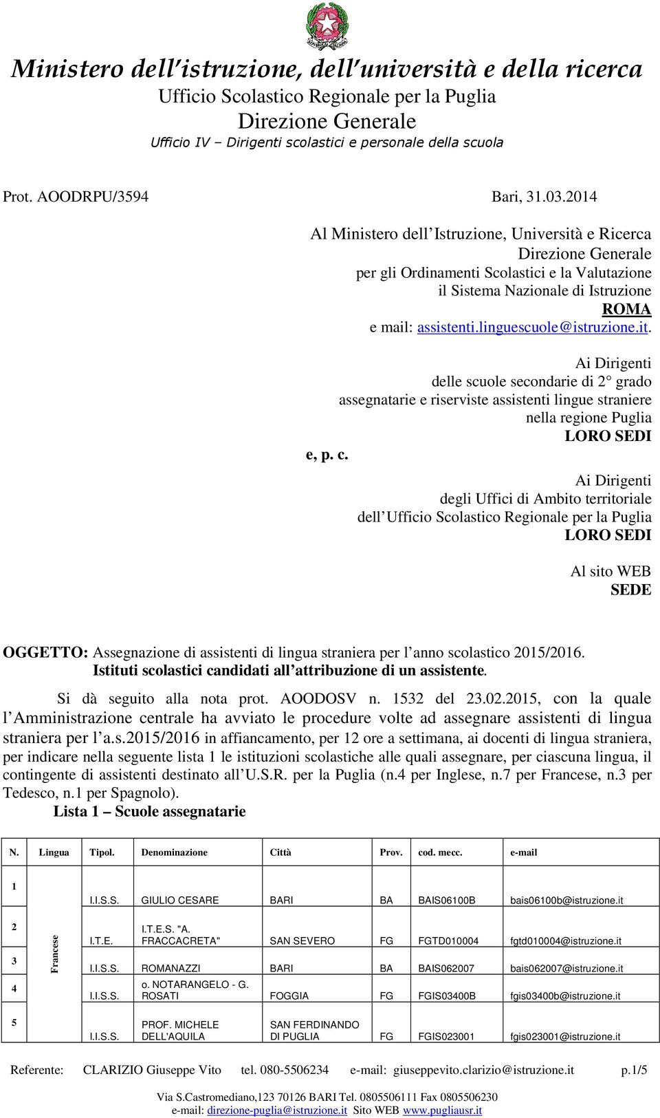 Ai Dirigenti degli Uffici di Ambito territoriale dell LORO SEDI Al sito WEB SEDE OGGETTO: Assegnazione di assistenti di lingua straniera per l anno scolastico 05/06.