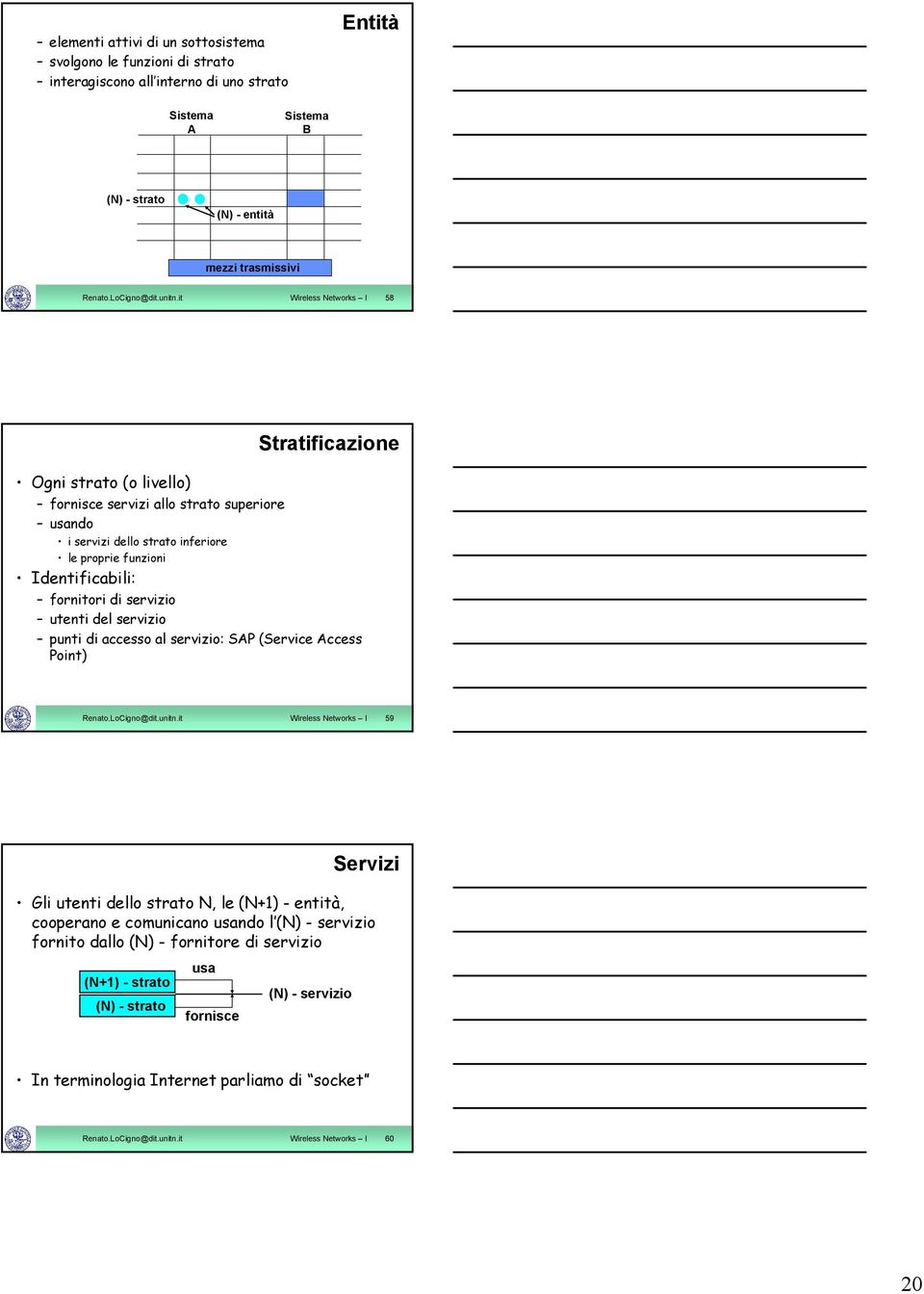 it Wireless Networks I 58 Stratificazione Ogni strato (o livello) fornisce servizi allo strato superiore usando i servizi dello strato inferiore le proprie funzioni Identificabili: fornitori di