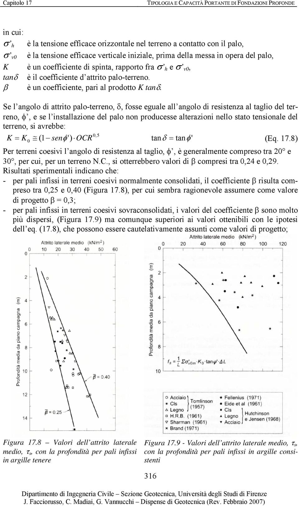 Se l angolo di attrito palo-terreno, δ, fosse eguale all angolo di resistenza al taglio del terreno, φ, e se l installazione del palo non producesse alterazioni nello stato tensionale del terreno, si