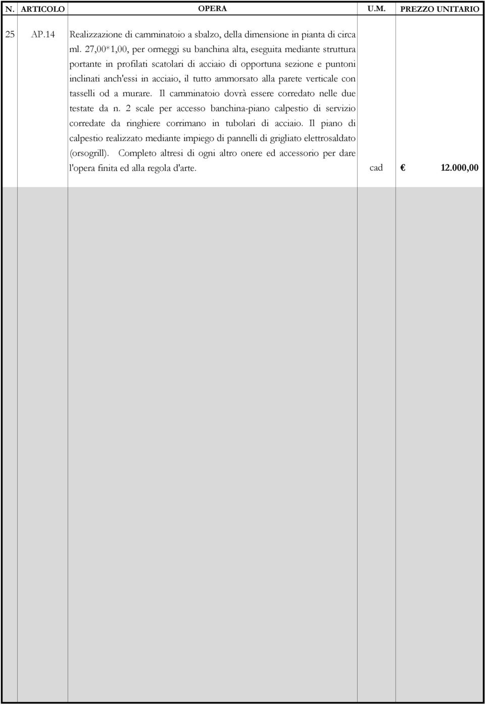 tutto ammorsato alla parete verticale con tasselli od a murare. Il camminatoio dovrà essere corredato nelle due testate da n.