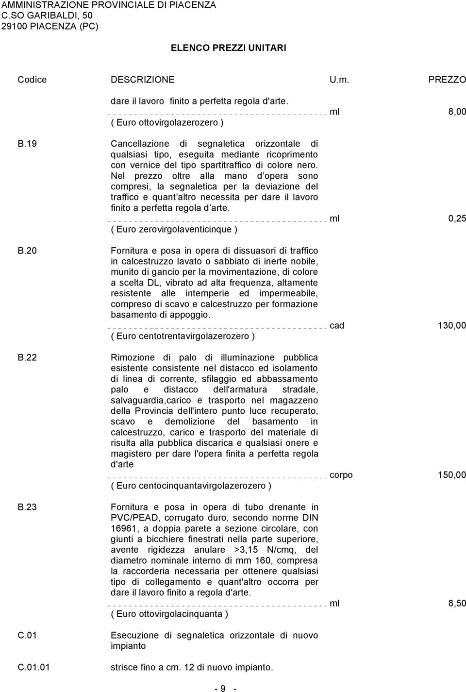 Nel prezzo oltre alla mano d opera sono compresi, la segnaletica per la deviazione del traffico e quant altro necessita per dare il lavoro finito a perfetta regola d arte.