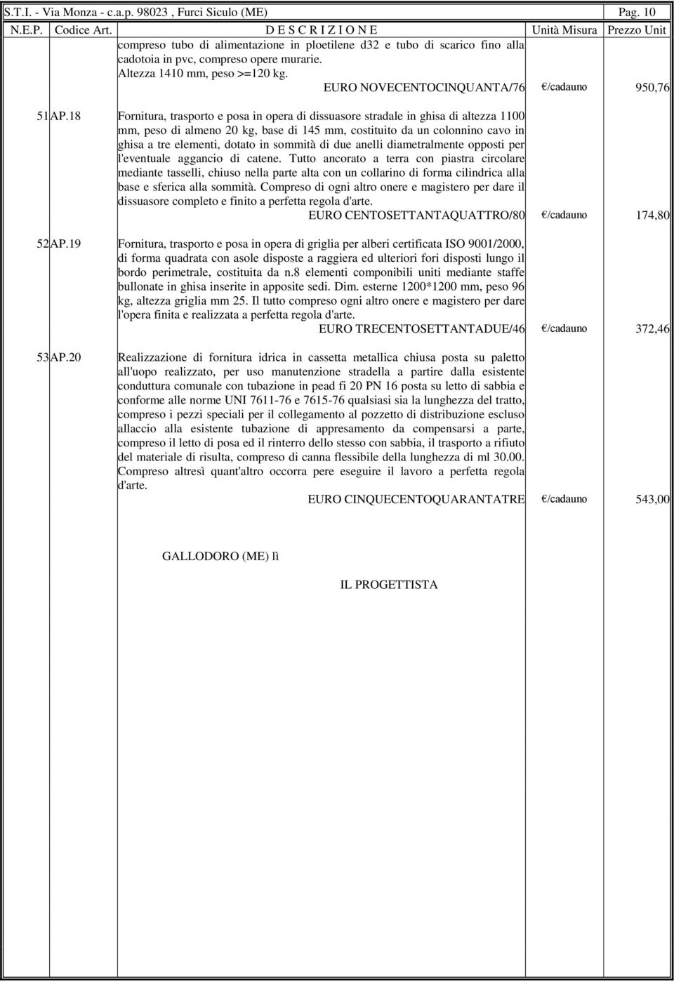 18 Fornitura, trasporto e posa in opera di dissuasore stradale in ghisa di altezza 1100 mm, peso di almeno 20 kg, base di 145 mm, costituito da un colonnino cavo in ghisa a tre elementi, dotato in