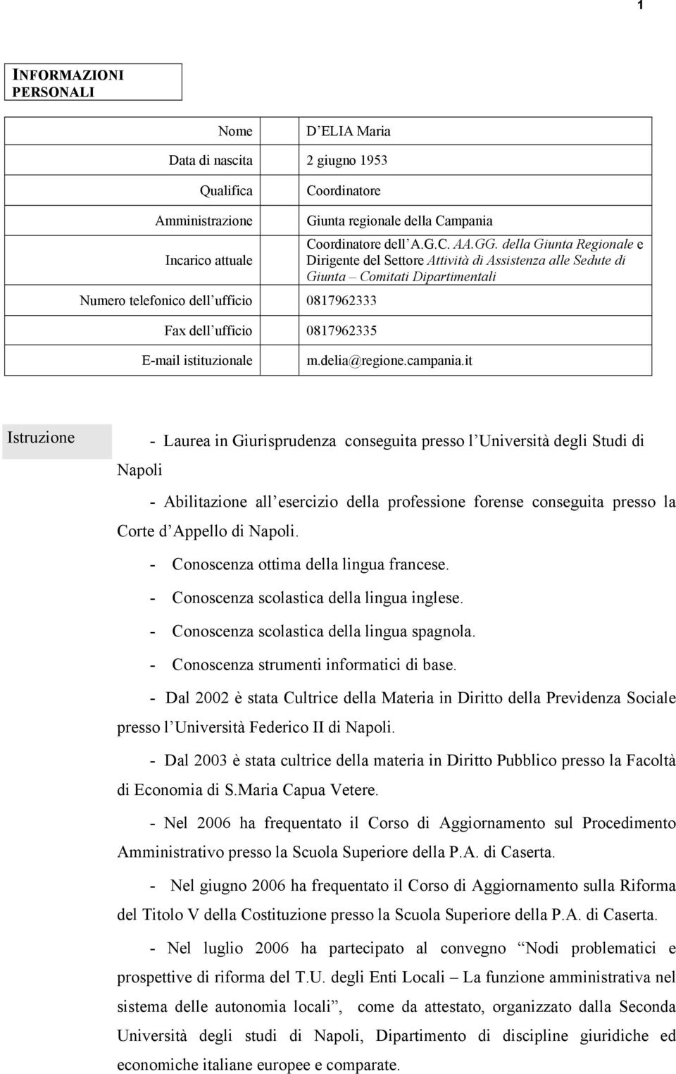 della Giunta Regionale e Dirigente del Settore Attività di Assistenza alle Sedute di Giunta Comitati Dipartimentali E-mail istituzionale m.delia@regione.campania.