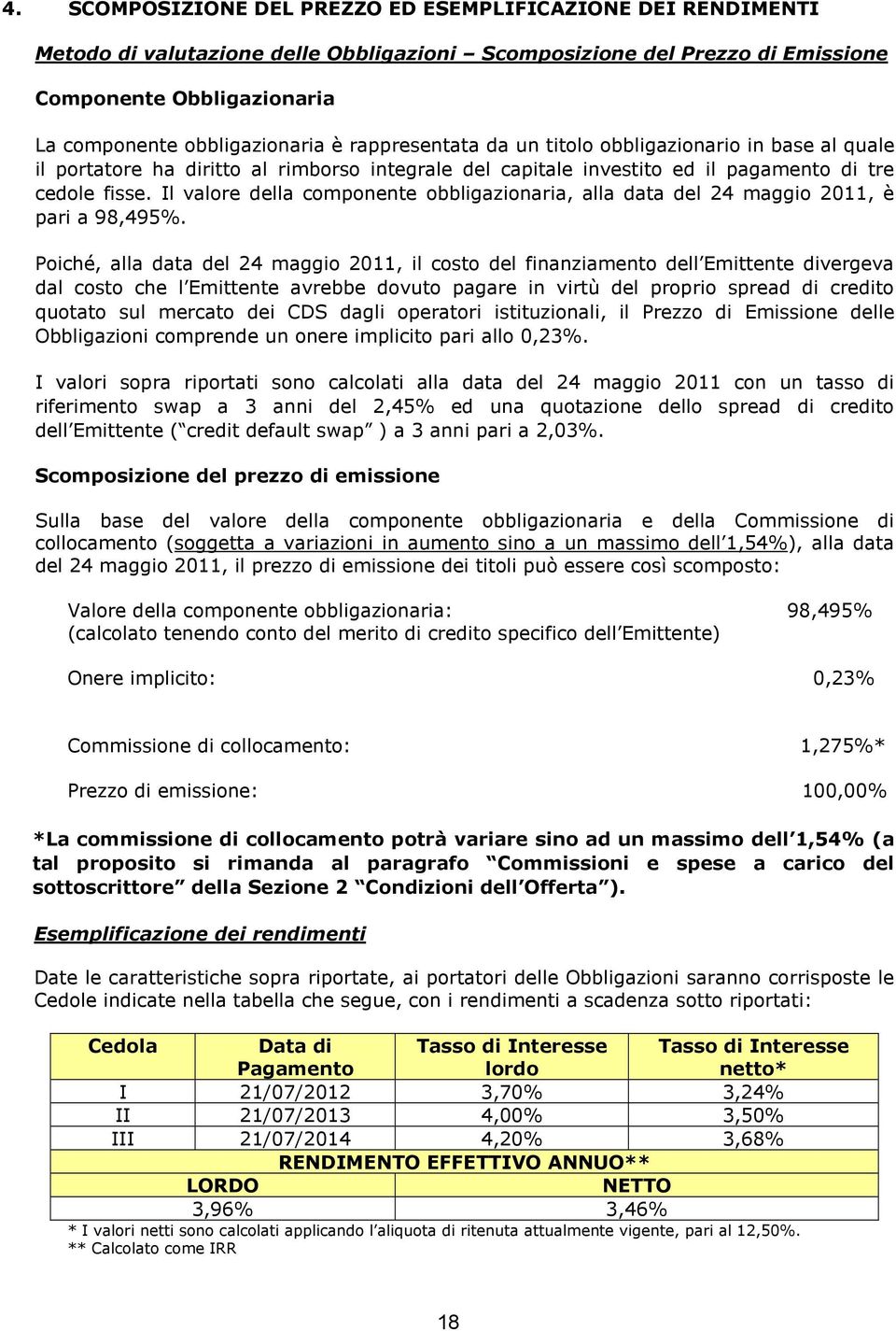 Il valore della componente obbligazionaria, alla data del 24 maggio 2011, è pari a 98,495%.