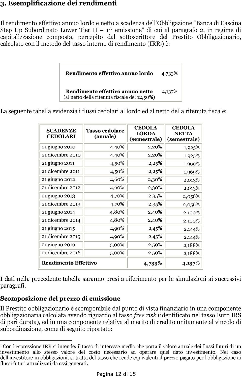 4,733% Rendimento effettivo annuo netto (al netto della ritenuta fiscale del 12,50%) 4,137% La seguente tabella evidenzia i flussi cedolari al lordo ed al netto della ritenuta fiscale: SCADENZE