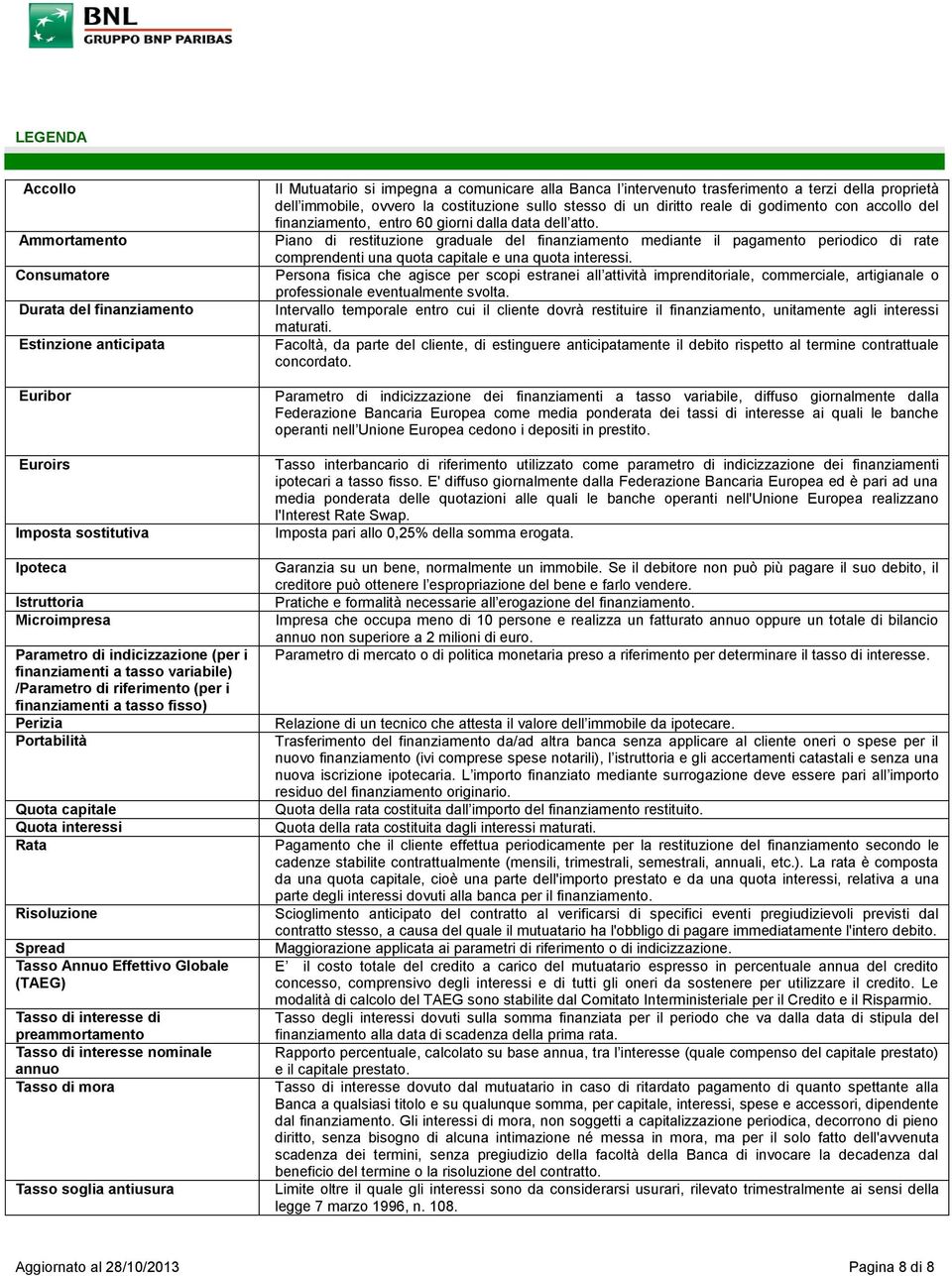 (TAEG) Tasso di interesse di preammortamento Tasso di interesse nominale annuo Tasso di mora Tasso soglia antiusura Il Mutuatario si impegna a comunicare alla Banca l intervenuto trasferimento a