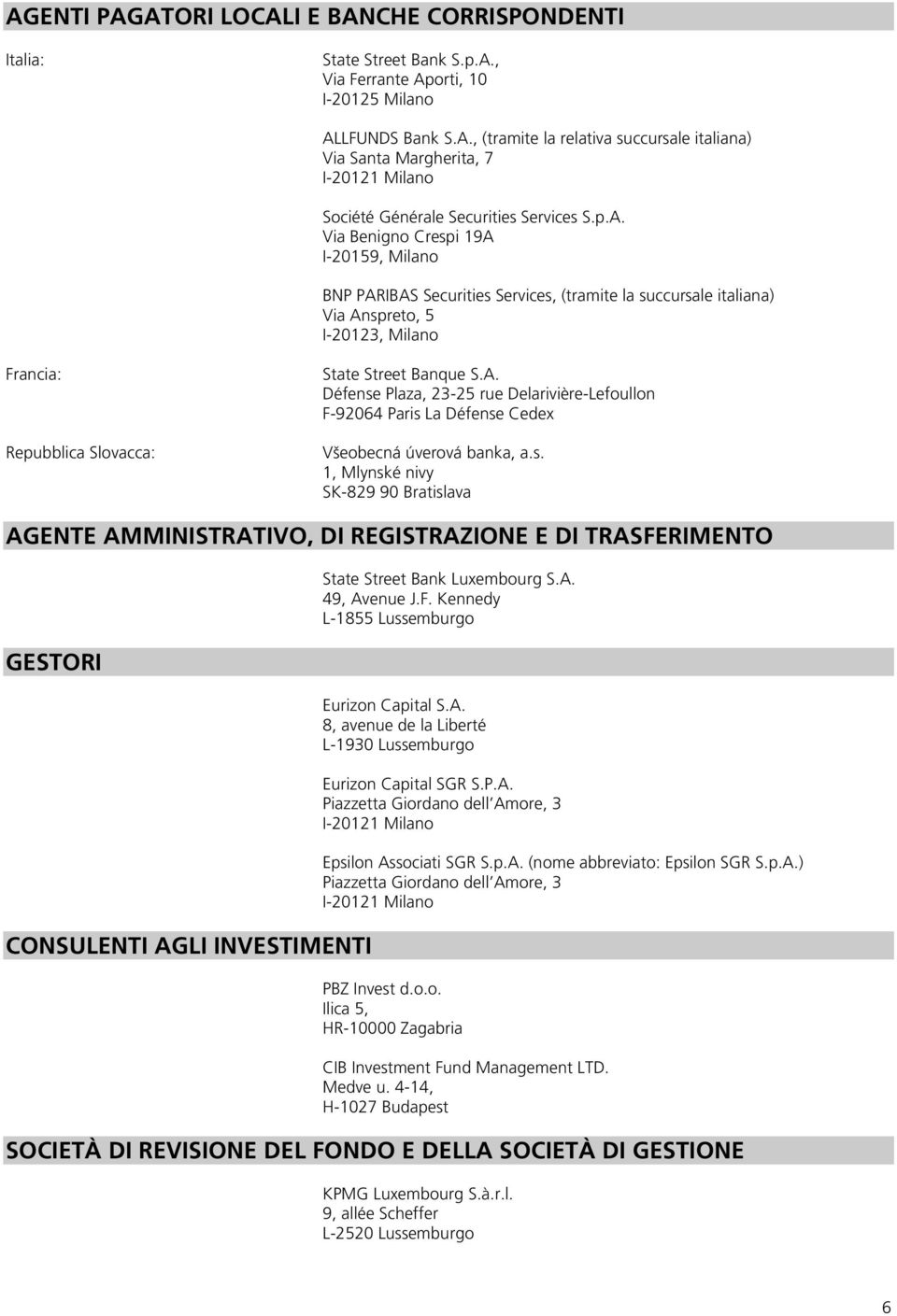 s. 1, Mlynské nivy SK-829 90 Bratislava AGENTE AMMINISTRATIVO, DI REGISTRAZIONE E DI TRASFERIMENTO GESTORI CONSULENTI AGLI INVESTIMENTI State Street Bank Luxembourg S.A. 49, Avenue J.F. Kennedy L-1855 Lussemburgo Eurizon Capital S.