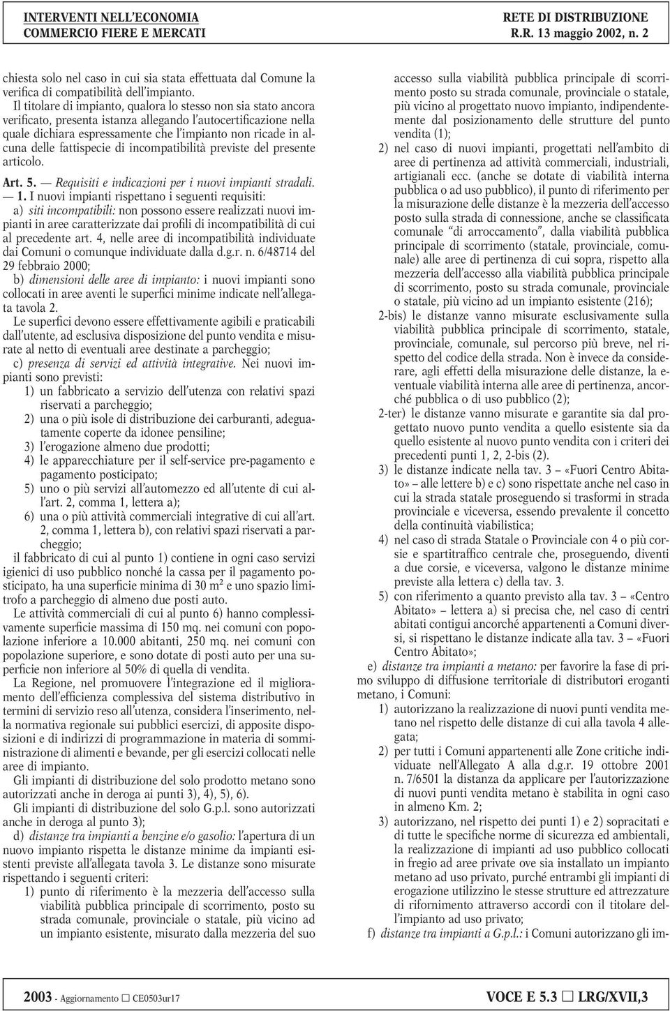 delle fattispecie di incompatibilità previste del presente articolo. Art. 5. Requisiti e indicazioni per i nuovi impianti stradali. 1.