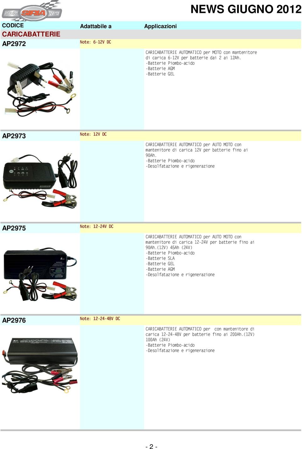 -Batterie Piombo-acido -Desolfatazione e rigenerazione AP2975 Note: 12-24V DC CARICABATTERIE AUTOMATICO per AUTO MOTO con mantenitore di carica 12-24V per batterie fino ai 90Ah.