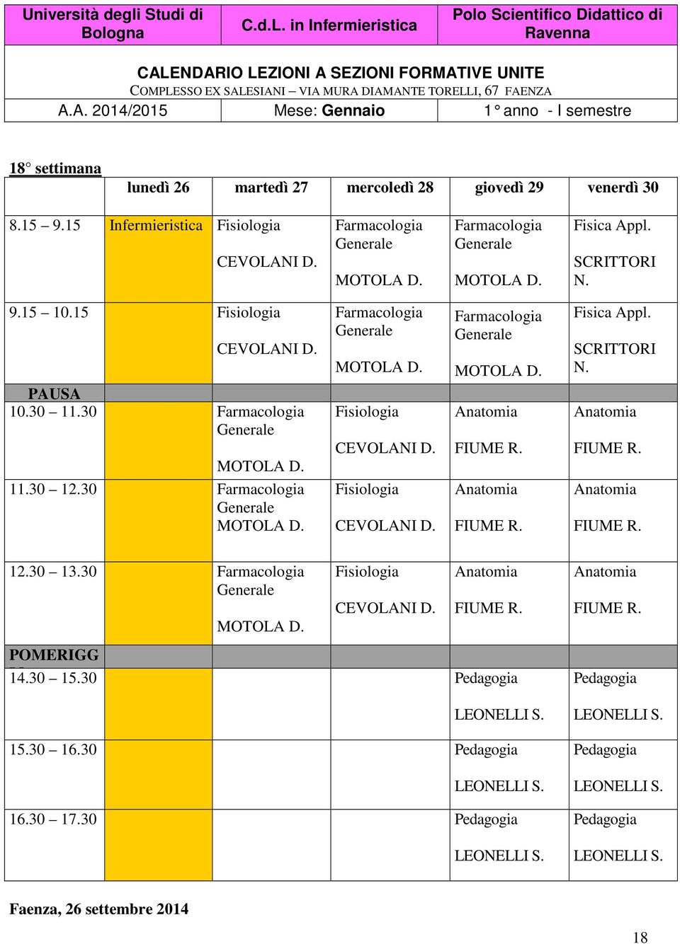 28 giovedì 29 venerdì 30 8.15 9.15 Infermieristica Farmacologia Farmacologia 9.15 10.