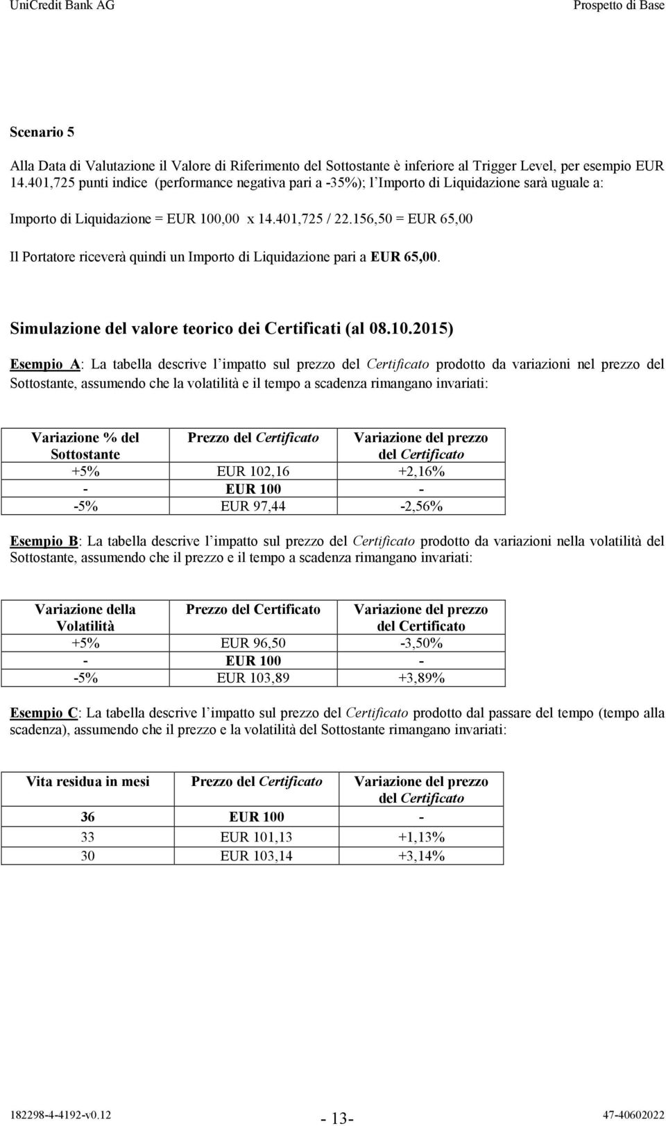 156,50 = EUR 65,00 Il Portatore riceverà quindi un Importo di Liquidazione pari a EUR 65,00. Simulazione del valore teorico dei Certificati (al 08.10.