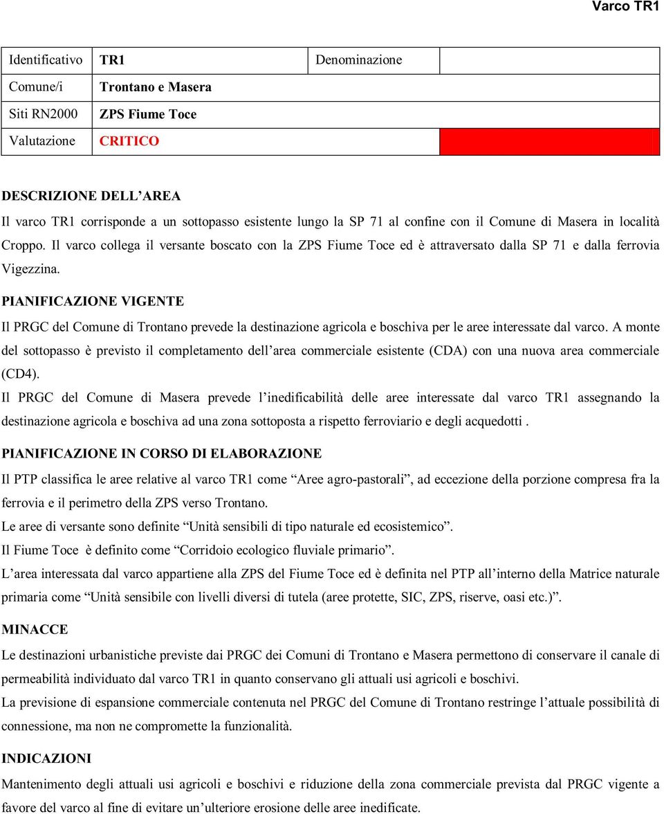 PIANIFICAZIONE VIGENTE Il PRGC del Comune di Trontano prevede la destinazione agricola e boschiva per le aree interessate dal varco.