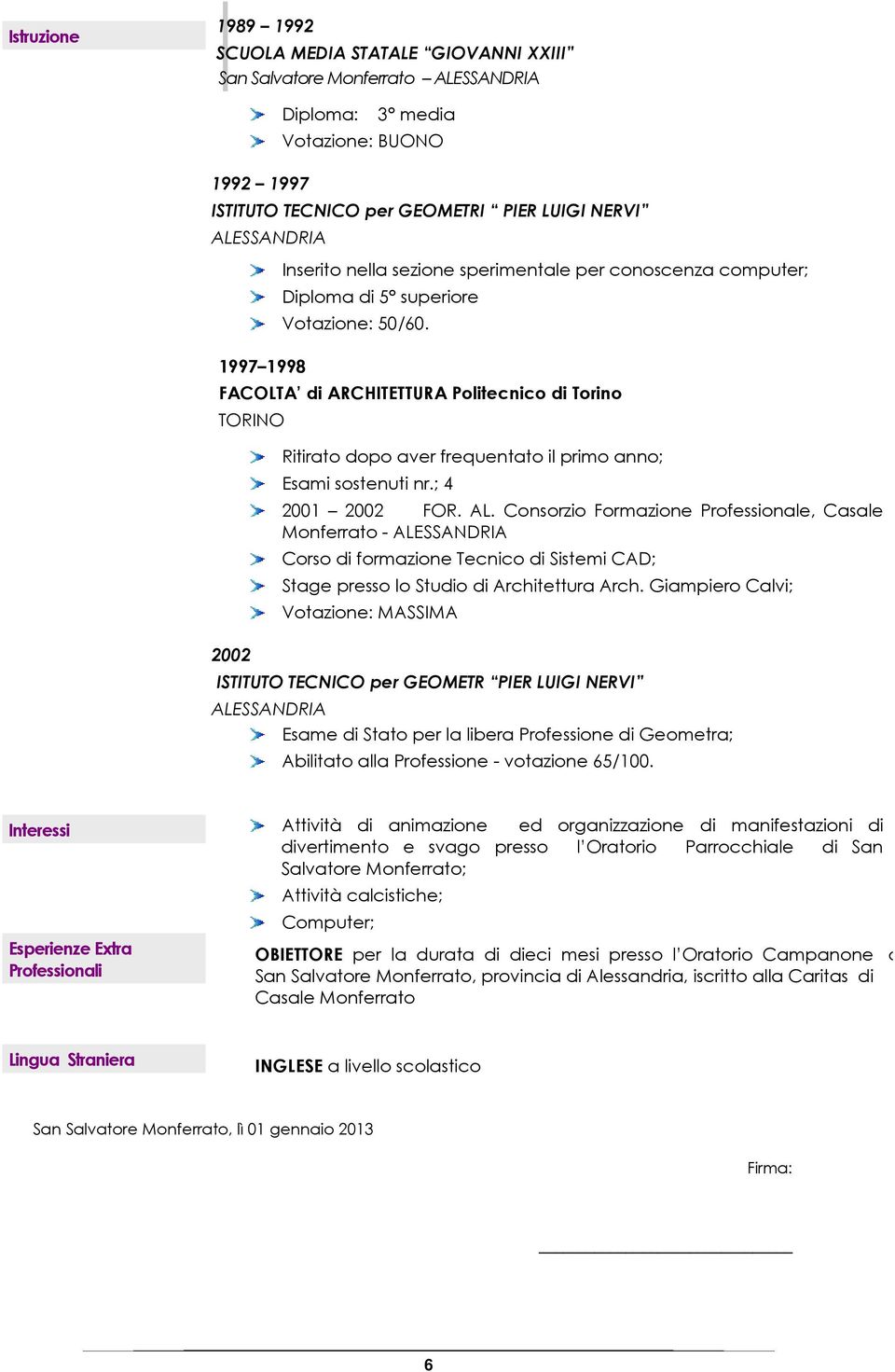 FACOLTA di ARCHITETTURA Politecnico di Torino TORINO 2002 Ritirato dopo aver frequentato il primo anno; Esami sostenuti nr.; 4 2001 2002 FOR. AL.