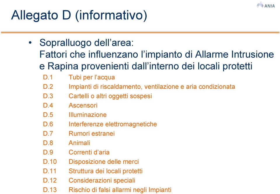 3 Cartelli o altri oggetti sospesi D.4 Ascensori D.5 Illuminazione D.6 Interferenze elettromagnetiche D.7 Rumori estranei D.