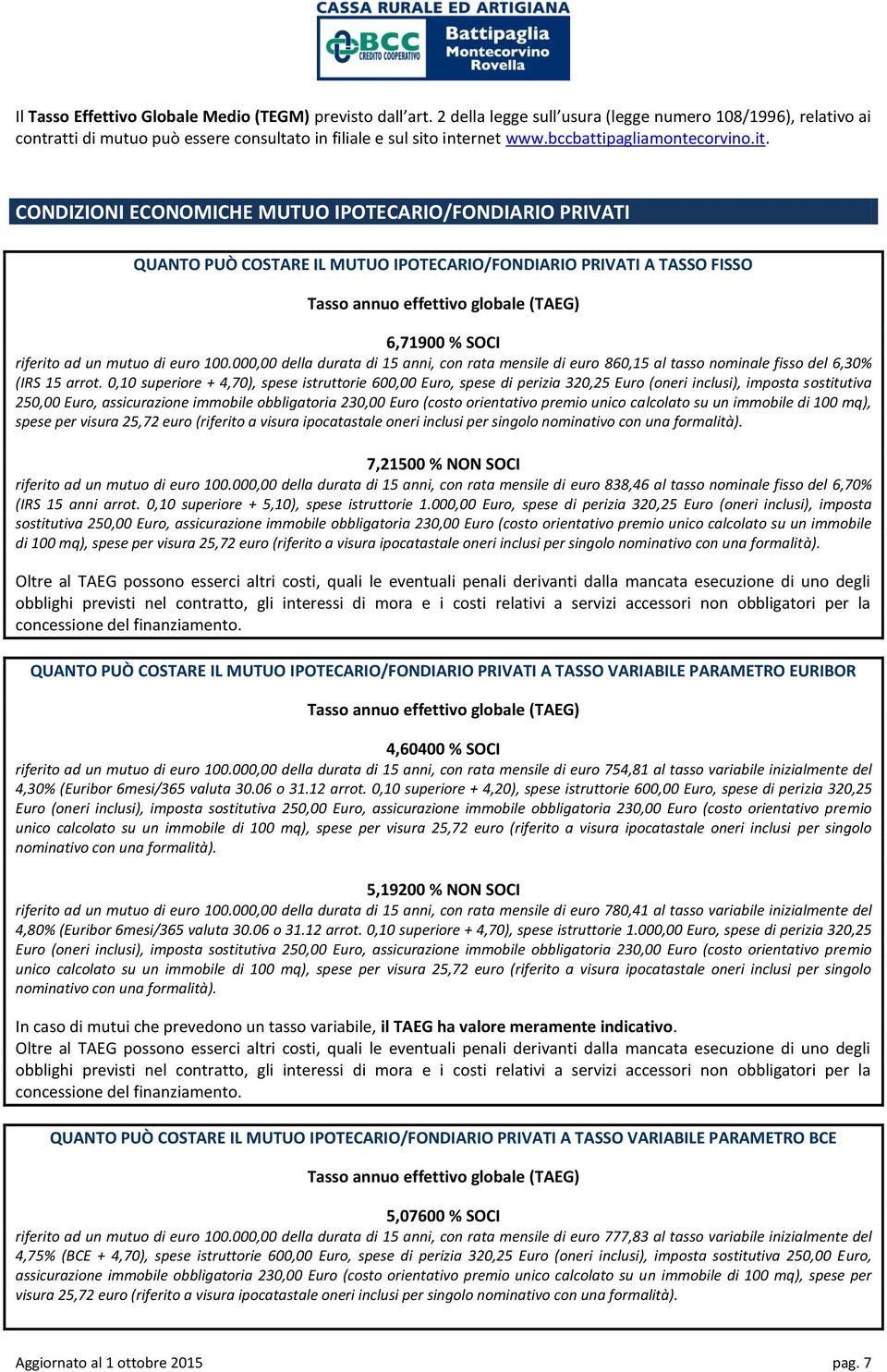 CONDIZIONI ECONOMICHE MUTUO IPOTECARIO/FONDIARIO PRIVATI C QUANTO PUÒ COSTARE IL MUTUO IPOTECARIO/FONDIARIO PRIVATI A TASSO FISSO Tasso annuo effettivo globale (TAEG) 6,71900 % SOCI riferito ad un
