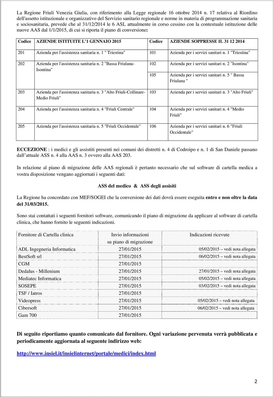 attualmente in corso cessino con la contestuale istituzione delle nuove AAS dal 1/1/2015, di cui si riporta il piano di conversione: Codice AZIENDE ISTITUITE L'1 GENNAIO 2015 Codice AZIENDE SOPPRESSE