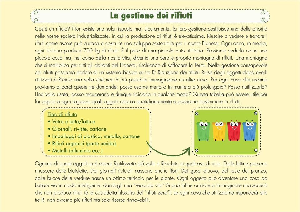 Riuscire a vedere e trattare i rifiuti come risorse può aiutarci a costruire uno sviluppo sostenibile per il nostro Pianeta. Ogni anno, in media, ogni italiano produce 700 kg di rifiuti.