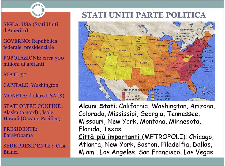 SEDE PRESIDENTE : Casa Bianca Alcuni Stati: California, Washington, Arizona, Colorado, Mississipi, Georgia, Tennessee, Missouri, New York, Montana,