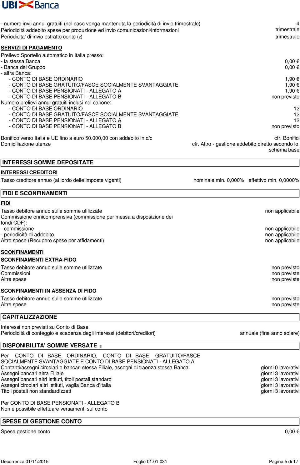 1,90 - CONTO DI BASE GRATUITO/FASCE SOCIALMENTE SVANTAGGIATE 1,90 - CONTO DI BASE PENSIONATI - ALLEGATO A 1,90 - CONTO DI BASE PENSIONATI - ALLEGATO B non previsto Numero prelievi annui gratuiti