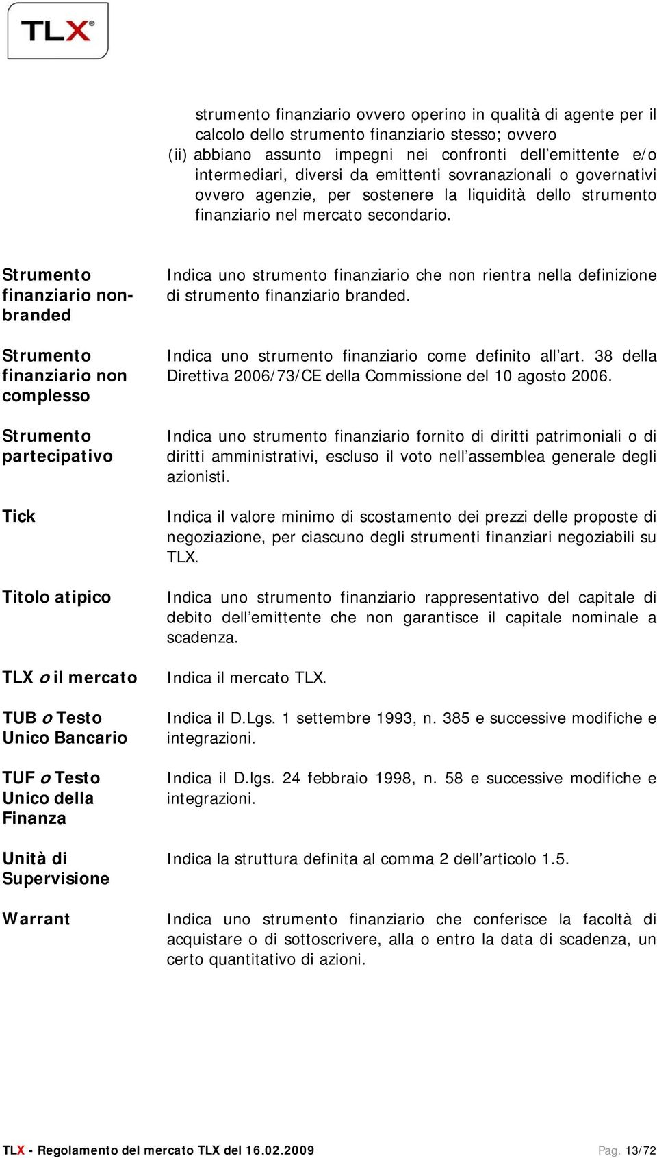 Strumento finanziario nonbranded Strumento finanziario non complesso Strumento partecipativo Tick Titolo atipico TLX o il mercato TUB o Testo Unico Bancario TUF o Testo Unico della Finanza Unità di