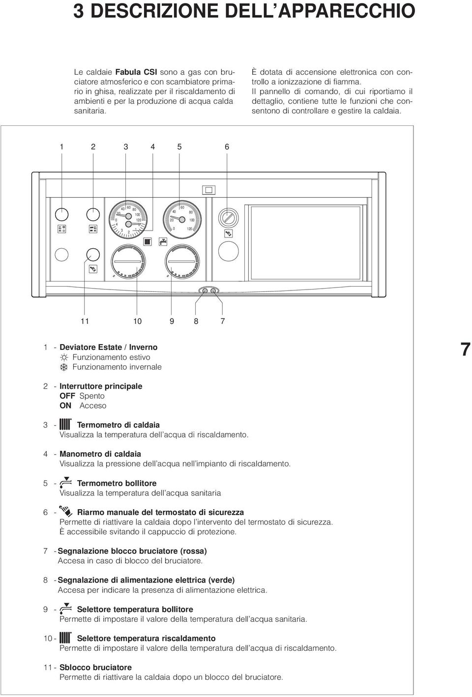 Il pannello di comando, di cui riportiamo il dettaglio, contiene tutte le funzioni che consentono di controllare e gestire la caldaia.