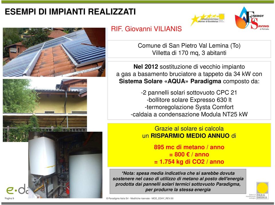 condensazione Modula NT25 kw Grazie al solare si calcola un RISPARMIO MEDIO ANNUO di 895 mc di metano / anno = 800 / anno = 1.