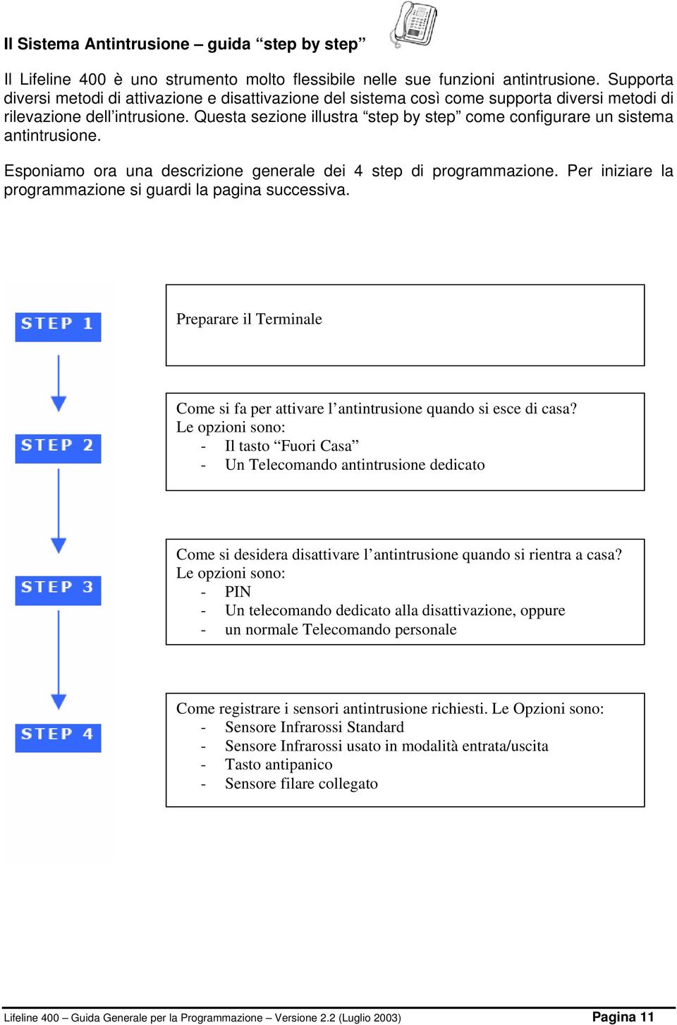 Questa sezione illustra step by step come configurare un sistema antintrusione. Esponiamo ora una descrizione generale dei 4 step di programmazione.