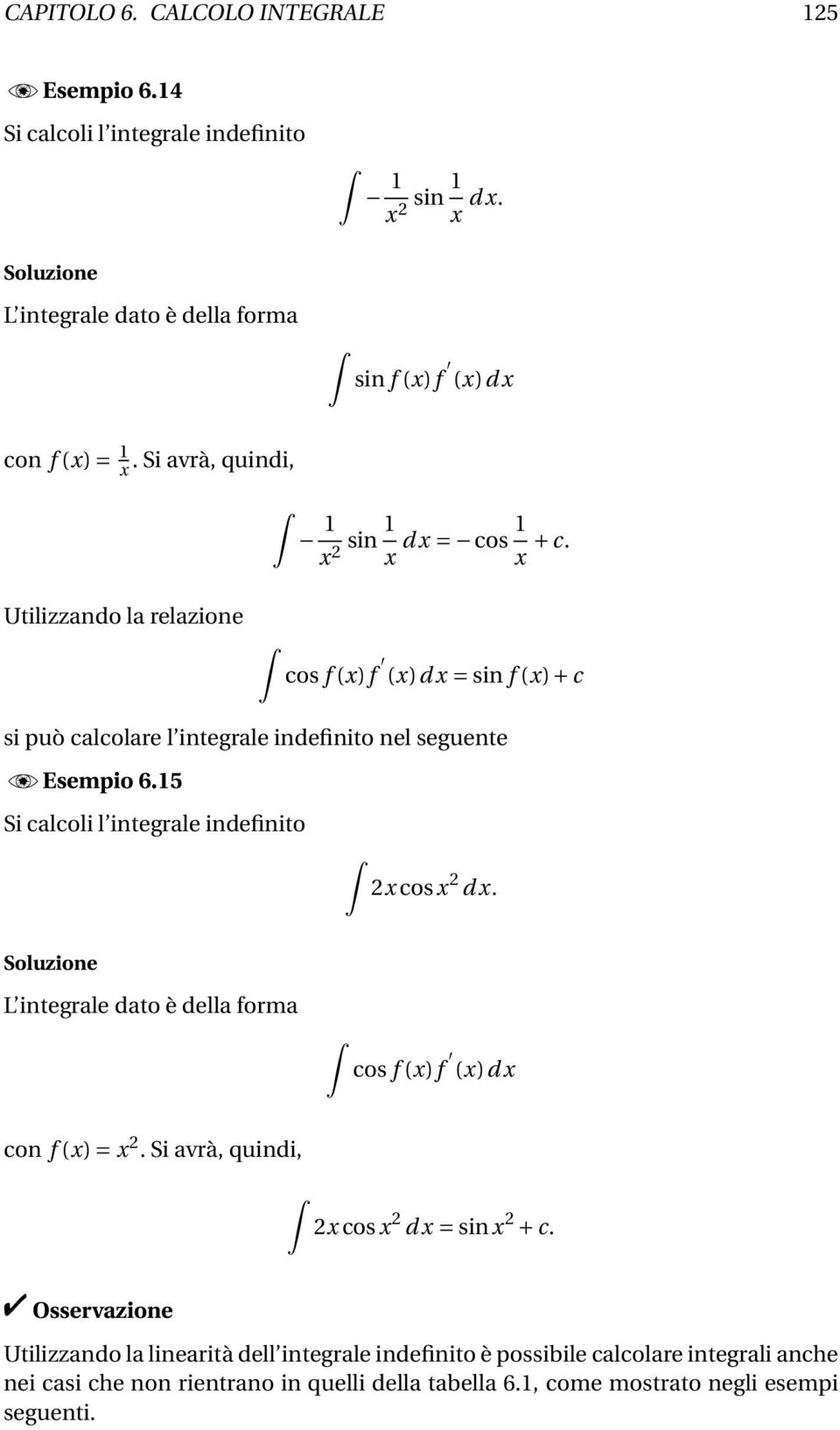 5 Si clcoli l integrle indefinito 2 cos 2 d. L integrle dto è dell form cos f ()f ()d con f () = 2. Si vrà, quindi, 2 cos 2 d = sin 2 + c.