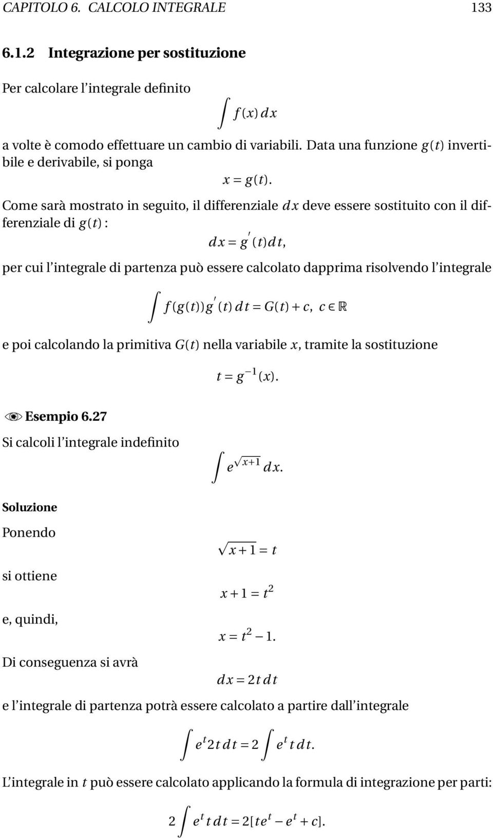 Come srà mostrto in seguito, il differenzile d deve essere sostituito con il differenzile di g (t) : d = g (t)dt, per cui l integrle di prtenz può essere clcolto dpprim risolvendo l integrle f (g