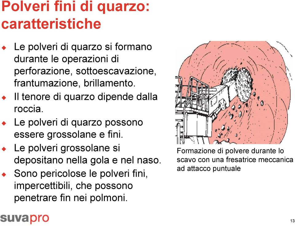 Le polveri di quarzo possono essere grossolane e fini. Le polveri grossolane si depositano nella gola e nel naso.