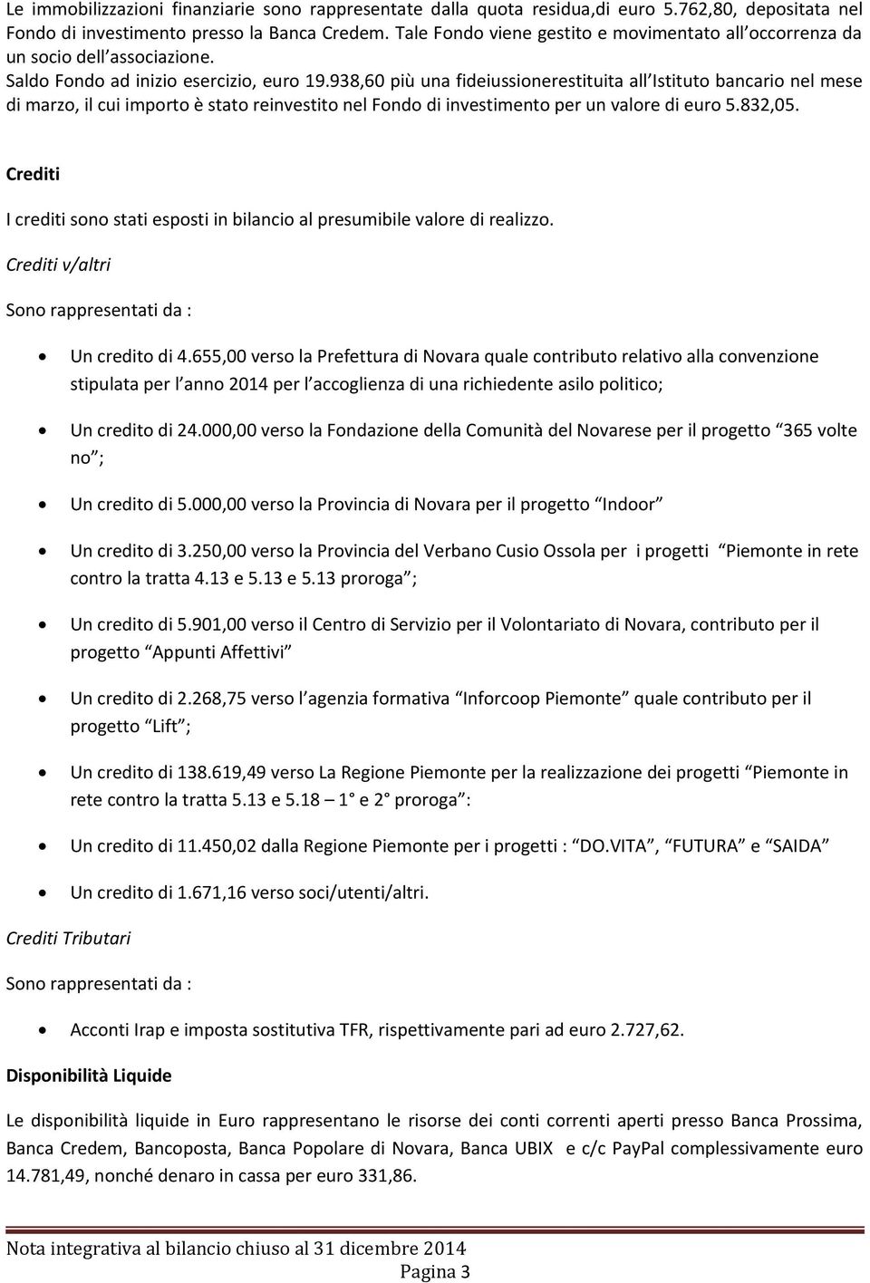 938,60 più una fideiussionerestituita all Istituto bancario nel mese di marzo, il cui importo è stato reinvestito nel Fondo di investimento per un valore di euro 5.832,05.