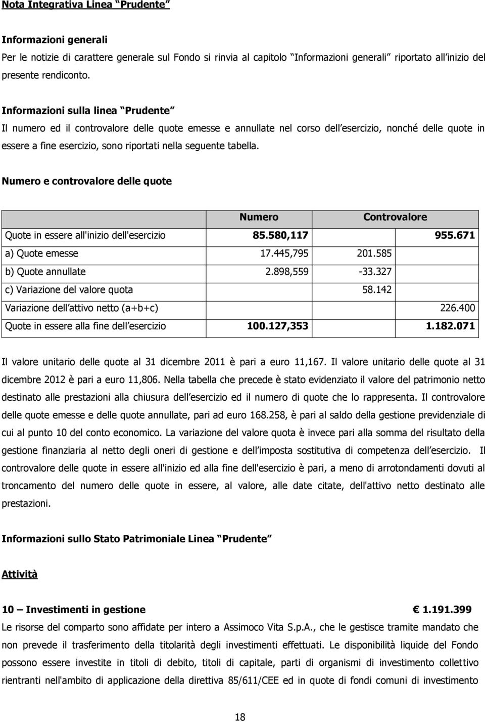 tabella. Numero e controvalore delle quote Numero Controvalore Quote in essere all'inizio dell'esercizio 85.580,117 955.671 a) Quote emesse 17.445,795 201.585 b) Quote annullate 2.898,559-33.