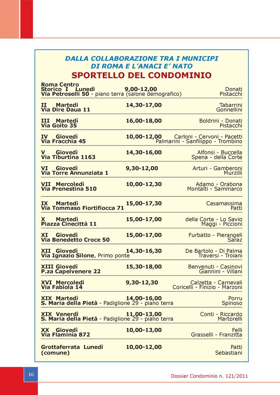 Crte VI Gveì 9,30-12,00 Artur - Gaber Va Trre Auzata 1 Murzll VII Merleì 10,00-12,30 Aa - Oraba Va Preesta 510 Mtalt - Saar IX Marteì 15,00-17,30 Casaassa Va Tas Frtfa 71 Patt X Marteì 15,00-17,00