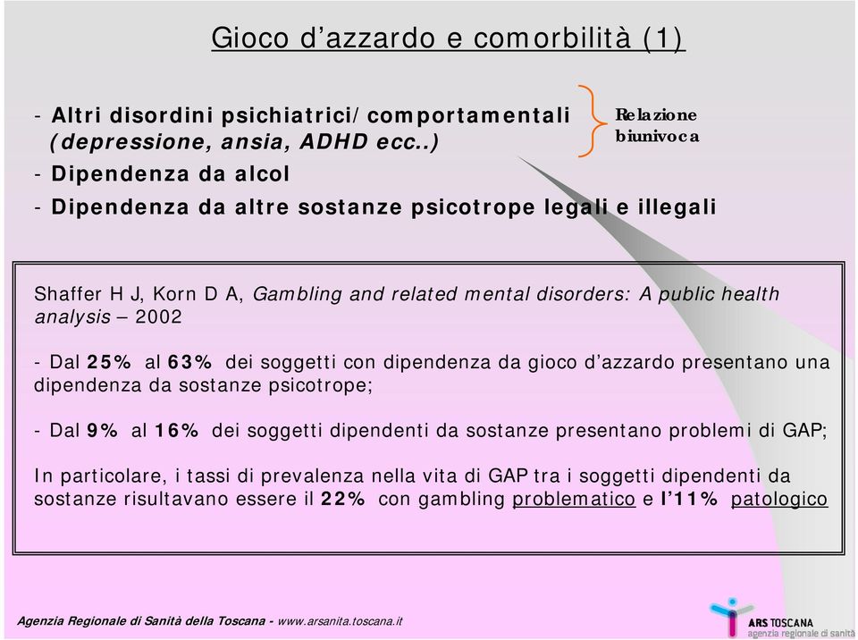 disorders: A public health analysis 2002 -Dal 25 al 63 dei soggetti con dipendenza da gioco d azzardo presentano una dipendenza da sostanze psicotrope; -Dal 9 al 16