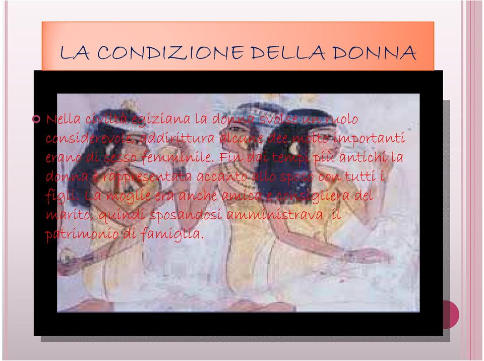 Fin dai tempi più antichi la donna è rappresentata accanto allo sposo con tutti i figli.