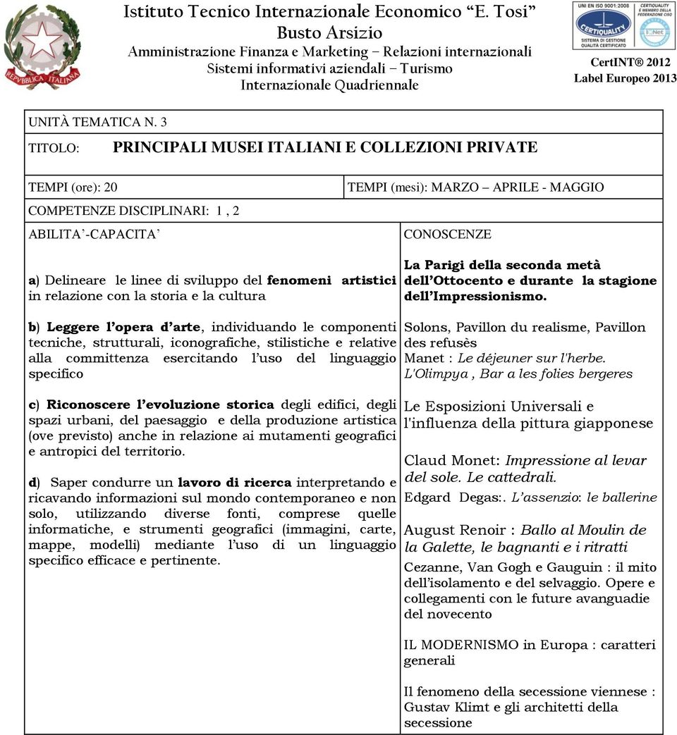 sviluppo del fenomeni artistici in relazione con la storia e la cultura b) Leggere l opera d arte, individuando le componenti tecniche, strutturali, iconografiche, stilistiche e relative alla