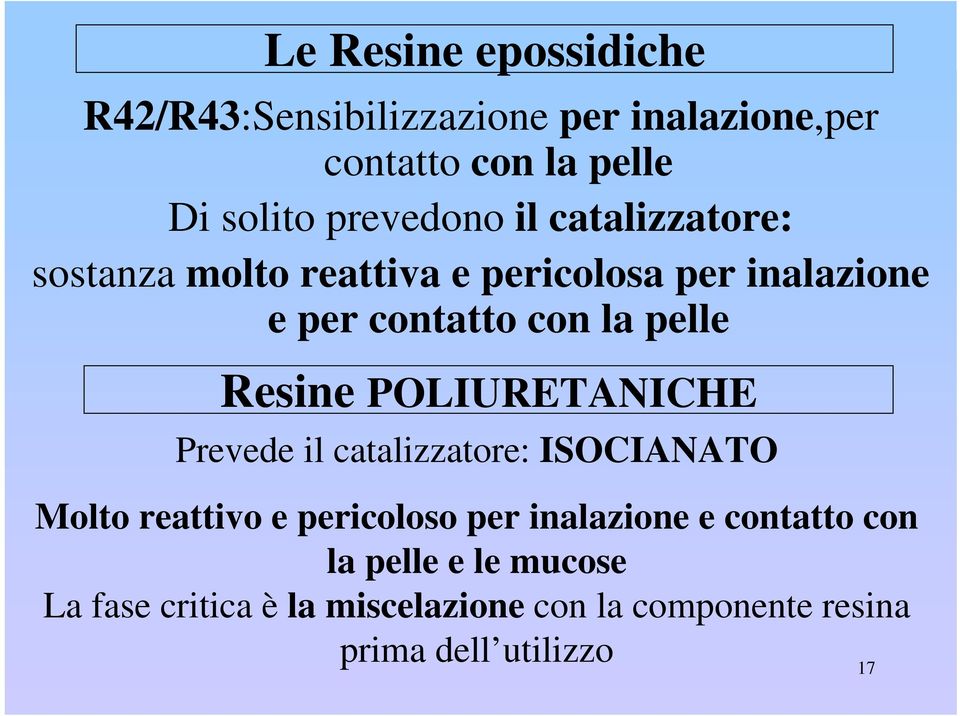 pelle Resine POLIURETANICHE Prevede il catalizzatore: ISOCIANATO Molto reattivo e pericoloso per