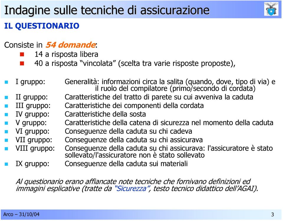 dei componenti della cordata IV gruppo: Caratteristiche della sosta V gruppo: Caratteristiche della catena di sicurezza nel momento della caduta VI gruppo: Conseguenze della caduta su chi cadeva VII