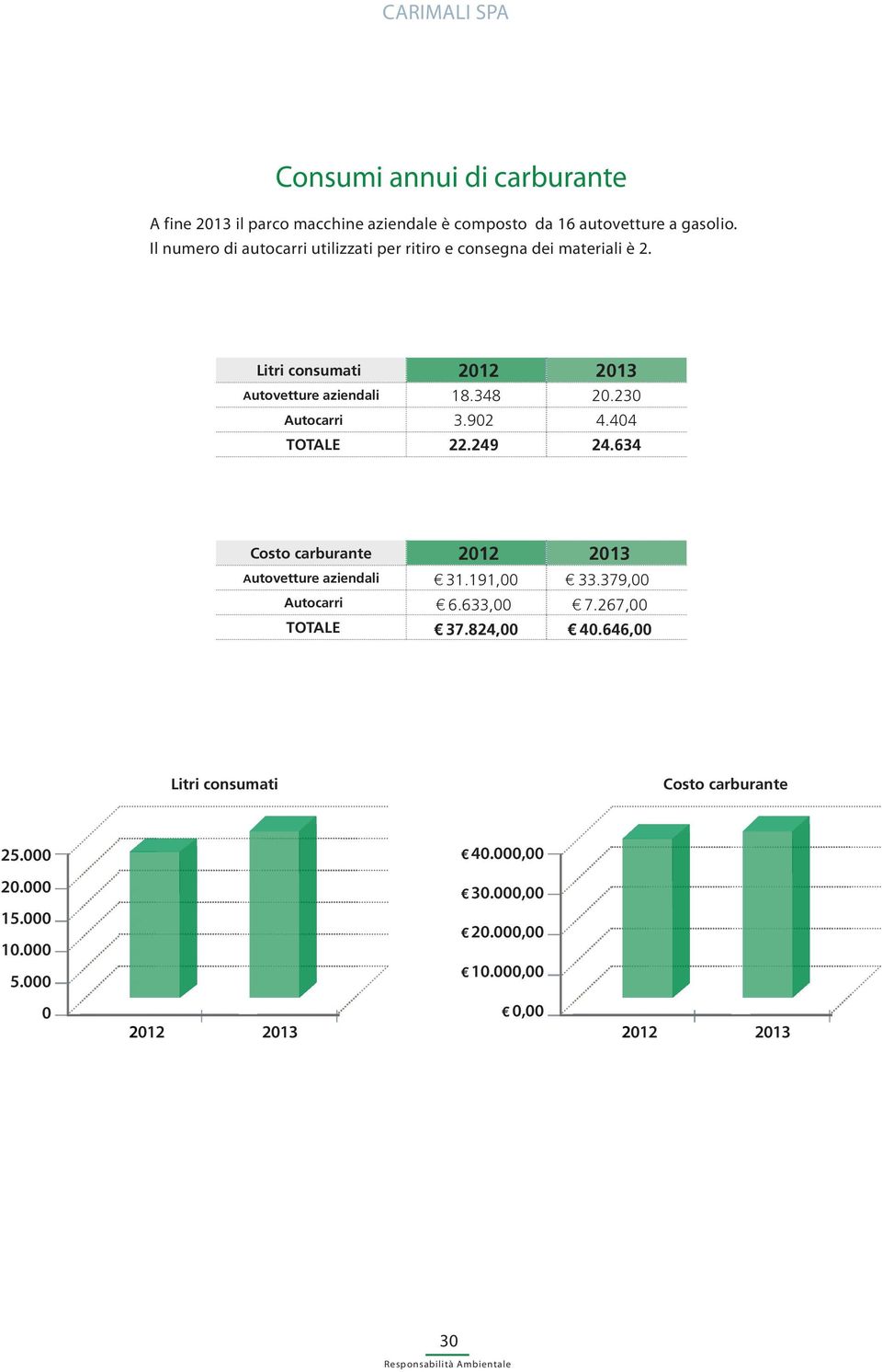230 Autocarri 3.902 4.404 TOTALE 22.249 24.634 Costo carburante 2012 2013 Autovetture aziendali 31.191,00 33.379,00 Autocarri 6.633,00 7.