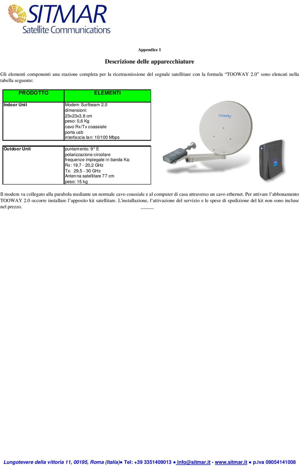 0 dimensioni: 23x23x3,8 cm peso: 0,6 Kg cavo Rx/Tx coassiale porta usb interfaccia lan: 10/100 Mbps Outdoor Unit puntamento: 9 E polarizzazione circolare frequenze impiegate in banda Ka: Rx: