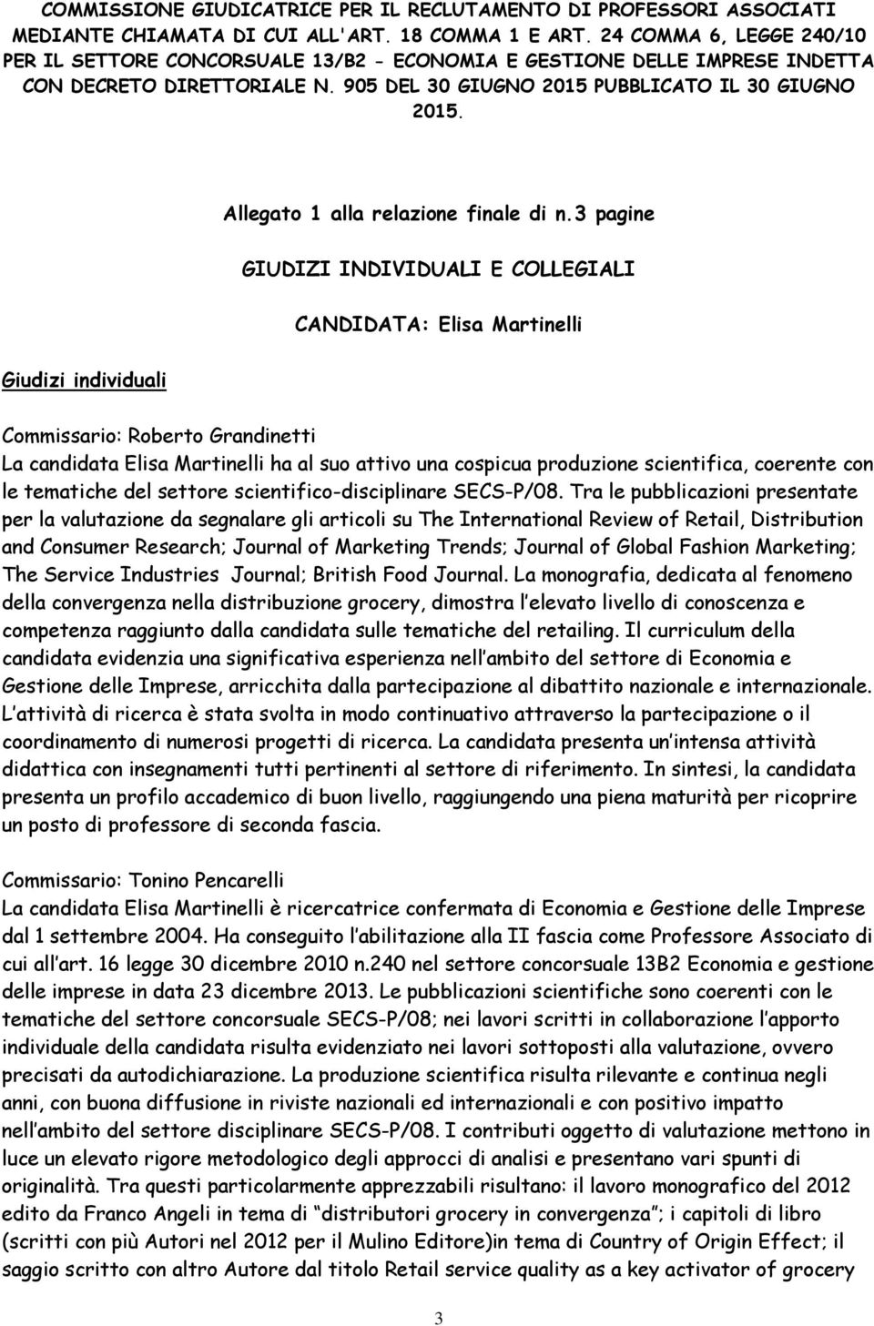 Allegato 1 alla relazione finale di n.